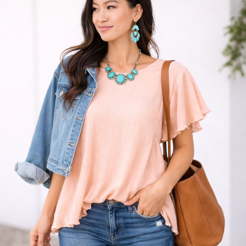 Agnes & Dora Micro Pleated Blouse Rose Gold Soft Pink Flutter Sleeve NWT